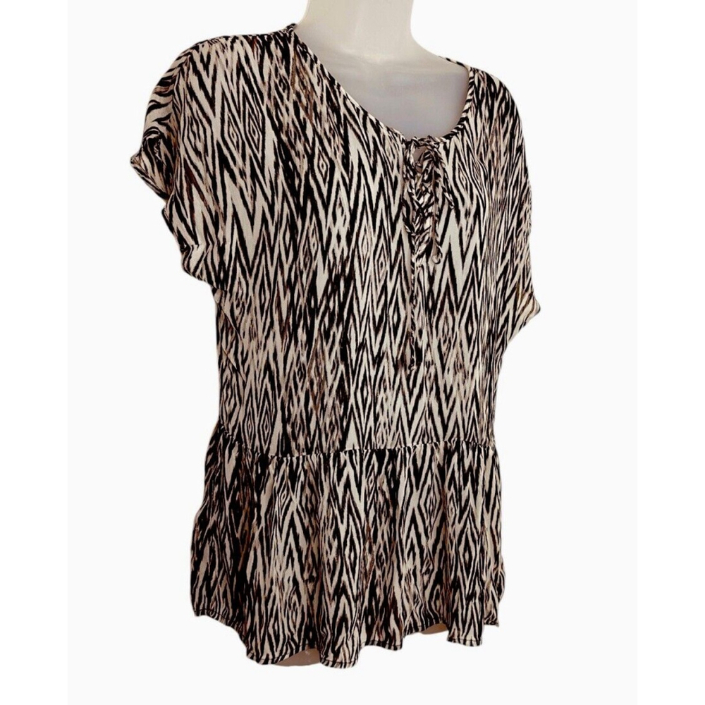Lucky Brand Sheer Chevron Ikat Animal Print Blouse Medium Peplum Tie Front Top